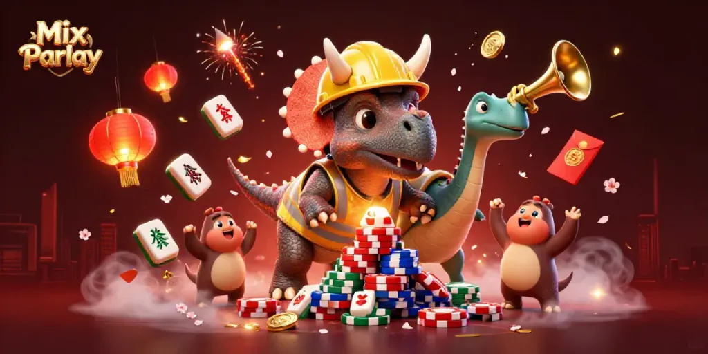 Experience thrilling Mix Parlay bets with lively 3D cartoon dinosaurs celebrating a poker chip pyramid.