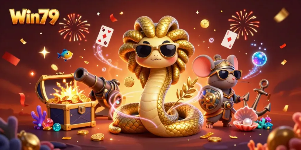 Join the excitement at Win79 with a lively casino-themed illustration, featuring a friendly Medusa and fun game elements.
