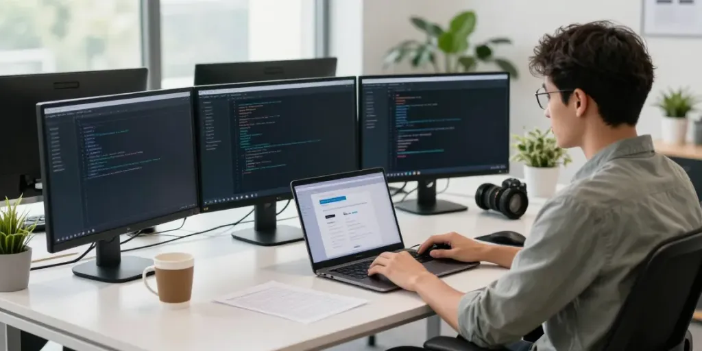 Privacy-first hosting solutions in a modern tech workspace with a developer configuring servers and displaying crypto payment interfaces.