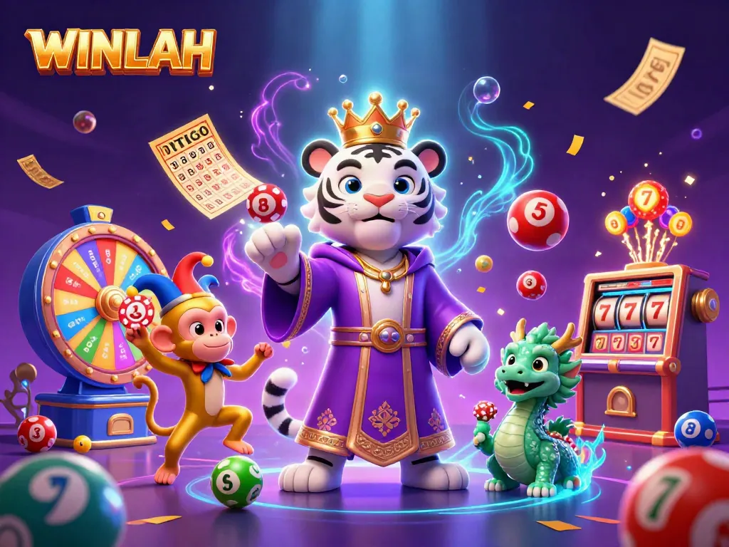 Engage in thrilling games at WINLAH, featuring a royal tiger, juggling monkey, and vibrant lottery elements.