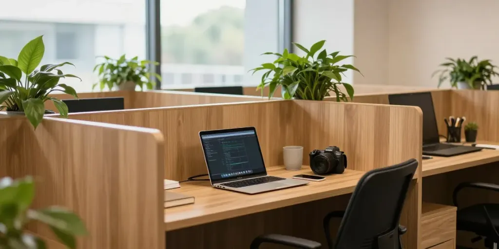 Stylish wooden پارتیشن in modern workspace enhancing privacy and aesthetics.