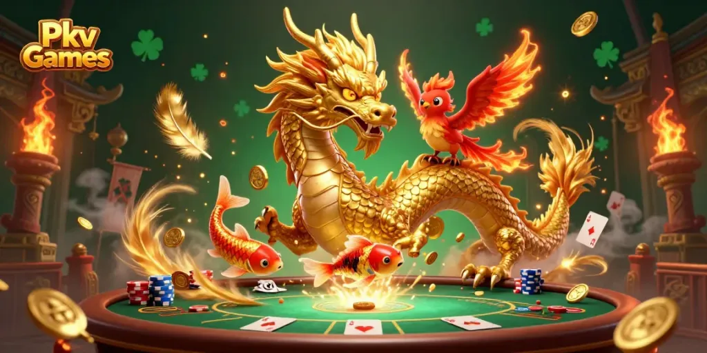 Experience the excitement of Pkv Games with a dynamic 3D scene of dragons, phoenix, and vibrant poker elements.