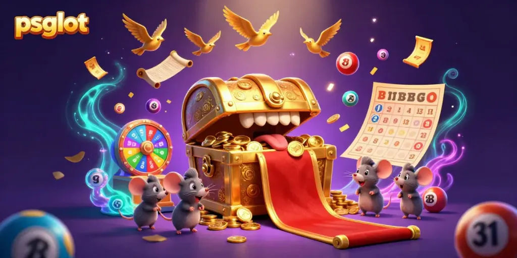 Engage with psgslot's thrilling 3D illustration featuring dynamic lottery elements and a golden treasure chest.