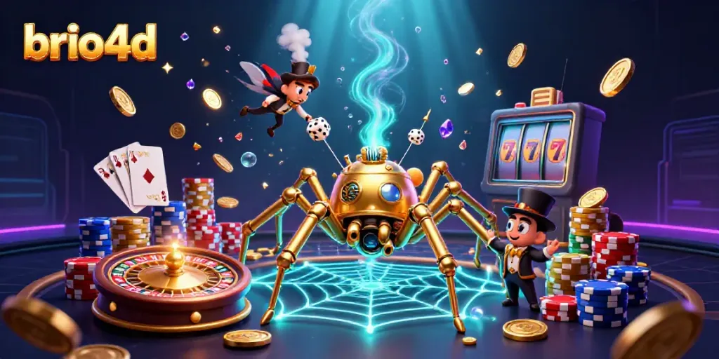 Engage with brio4d's thrilling slot atmosphere, as golden coins and casino elements burst in excitement.