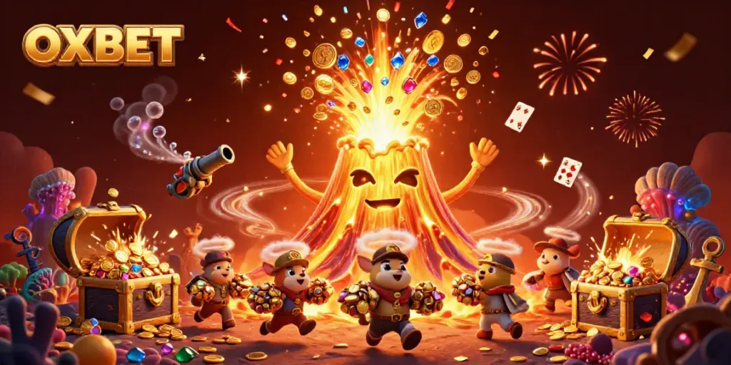 Experience the thrill of OXBET with a vibrant 3D illustration showcasing winning treasures and excitement.