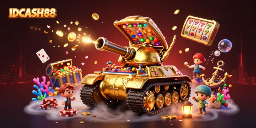 Play engaging games at IDCASH88, featuring a lively casino scene with vivid slot symbols and gold coins.