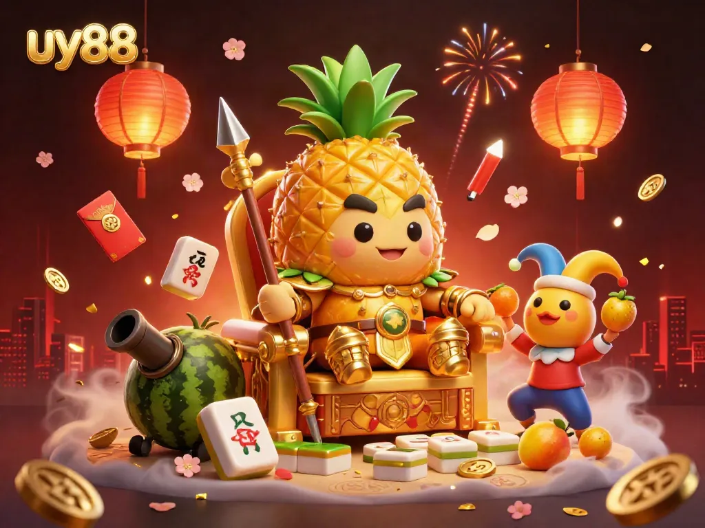 Experience the excitement of uy88 with a vibrant scene featuring a golden pineapple king and casino elements in a lively beach setting.