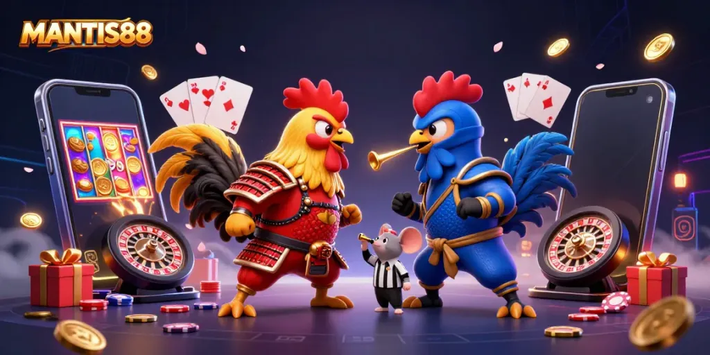 MANTIS88 showcases vibrant gambling action with twin roosters and dynamic casino elements.