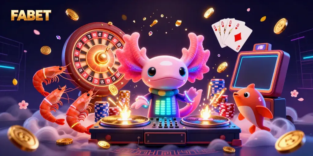 FABET showcases a vibrant casino scene with an axolotl DJ and friends celebrating amidst gold coins and colorful poker chips.