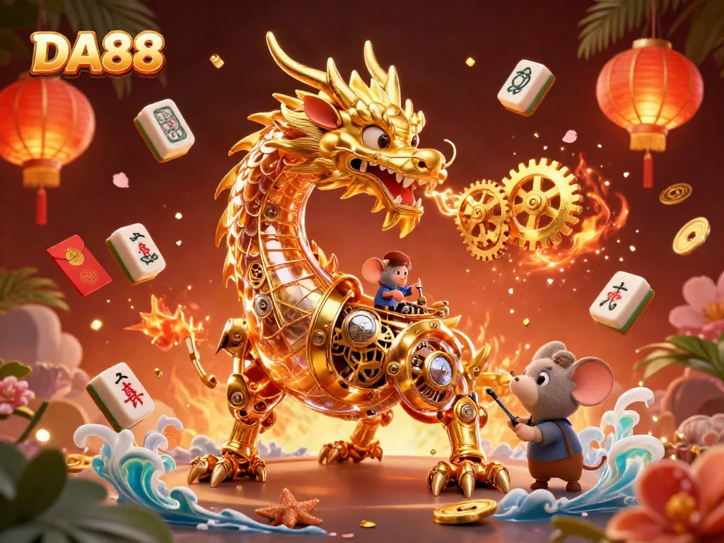 Join the excitement at DA88 with a golden dragon and festive game elements in a vibrant casino scene.