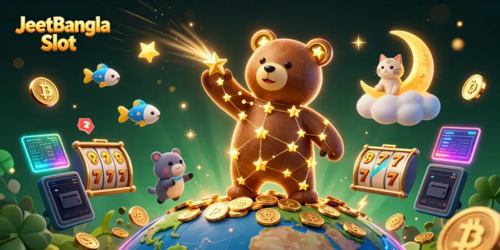 Experience JeetBangla Slot in a lavish 3D illustration featuring a cosmic bear and cash-filled jackpot.