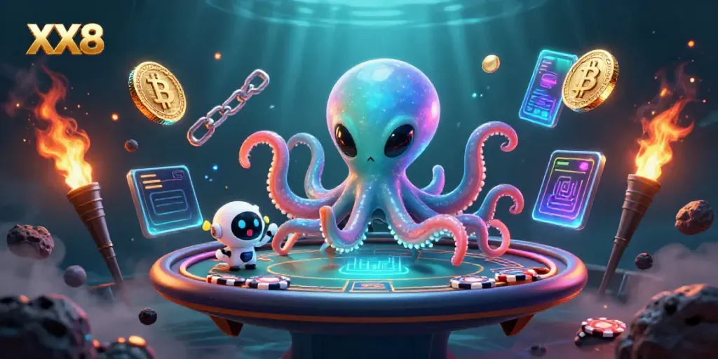 Engage in XX8 gambling with a cosmic octopus at a high-tech poker table surrounded by floating cryptocurrency coins.