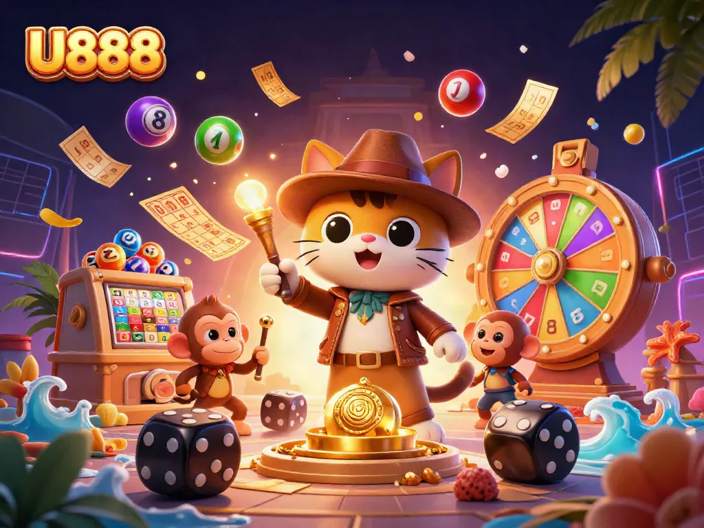 U888 showcases a vibrant, dynamic illustration of an explorer cat discovering a casino artifact amid playful lottery games.