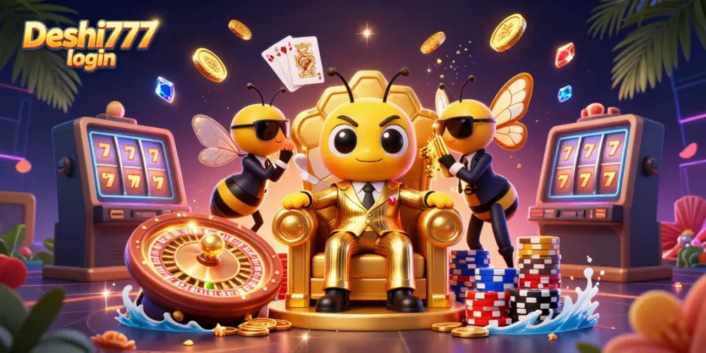 Experience secure Deshi777 login with vibrant casino elements and dynamic 3D characters.