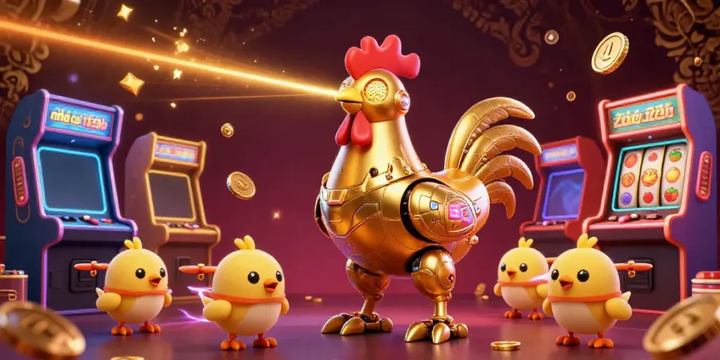 Engage with nhà cái 123b in a vibrant casino scene featuring a golden rooster robot and baby chick drones.