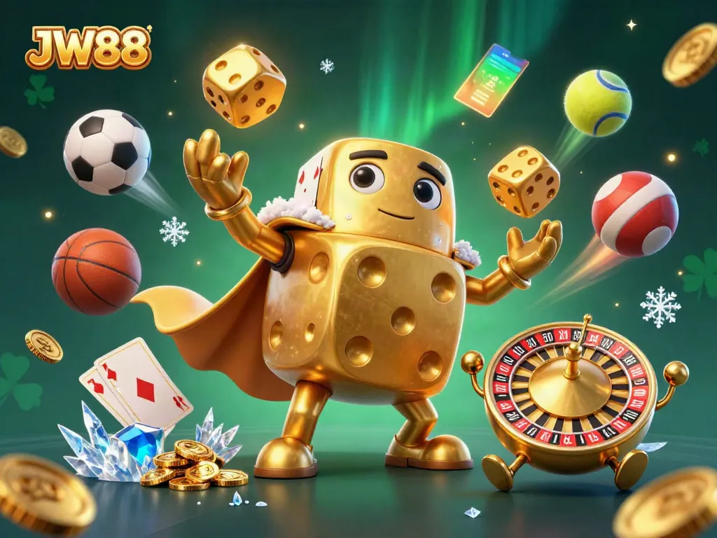 JW88 casino illustration with golden dice golem and sports elements, highlighting dynamic gambling action