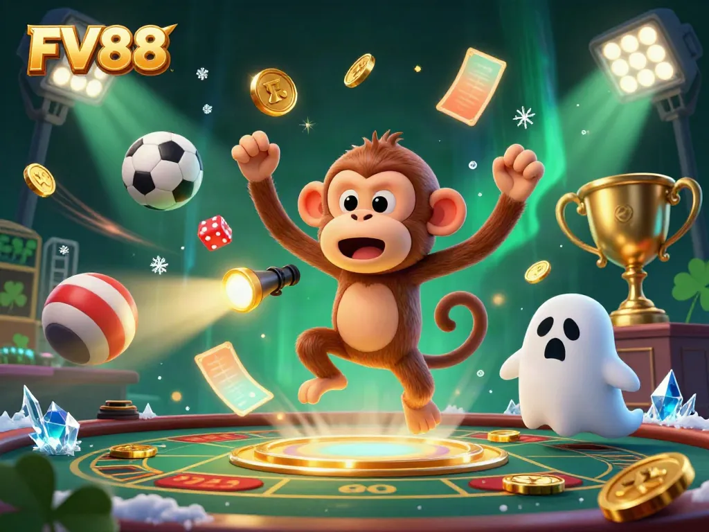 Experience thrilling gameplay at FV88 with a mischievous monkey and ghost-hunter puppy in a vibrant casino.
