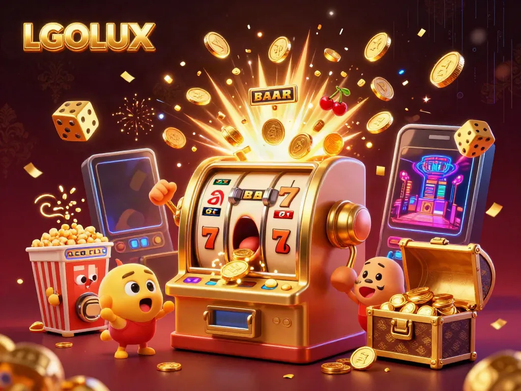 Winning coins pour from the shocked LGOLUX slot machine in a vibrant casino scene.