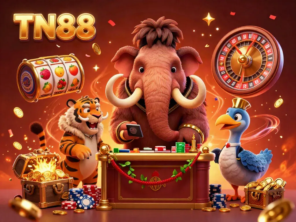 Join the TN88 casino with a woolly mammoth bouncer, saber-tooth VIP, and colorful slot elements.