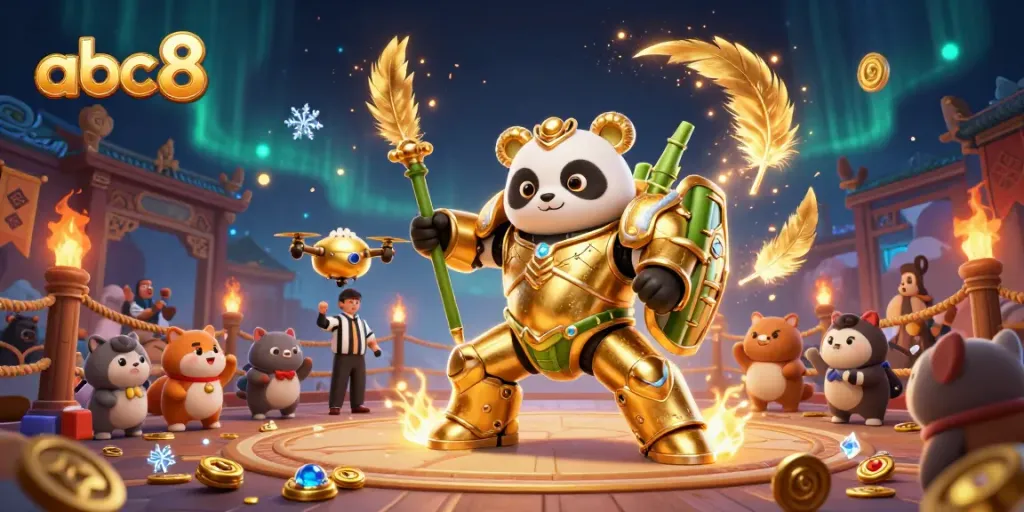Exciting abc8 casino illustration showcasing panda piloting a robot in a vibrant betting arena.