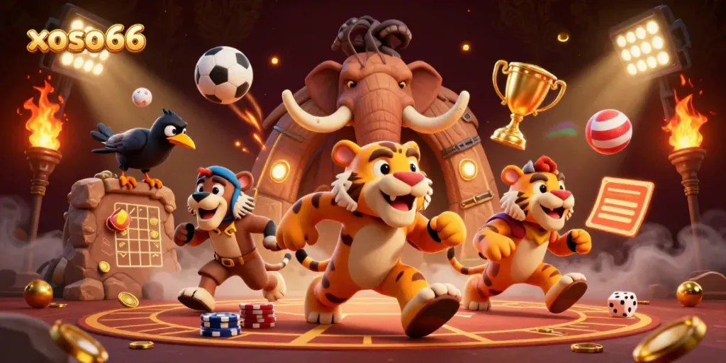 Join the action at xoso66's prehistoric casino with vibrant sports elements and detailed illustrations.