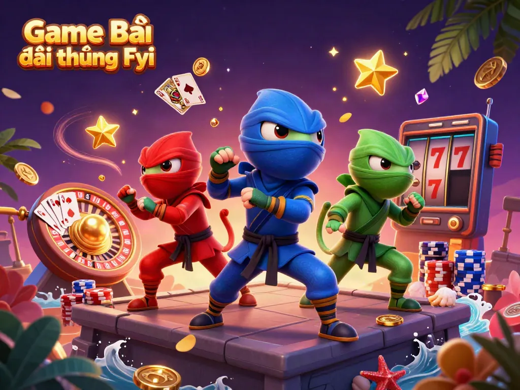 Experience thrilling action in "Game Bài Đổi Thưởng Fyi" with chameleon ninjas showcasing synchronized martial arts amid flying coins and cards.