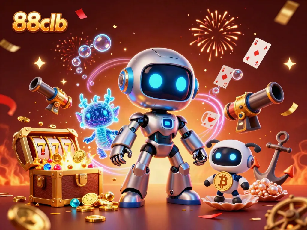 Engage with 88clb's thrilling casino atmosphere featuring a neon cyberpunk robot, exploding treasure, and slot reels.