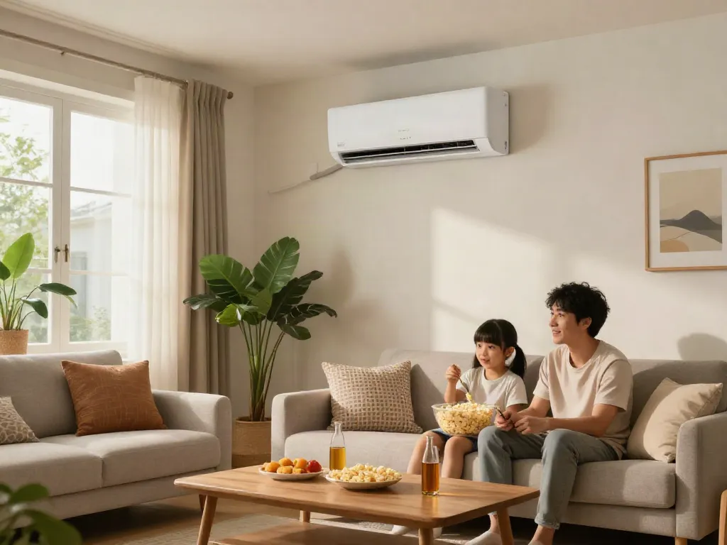 Family enjoying summer comfort with a mini split air conditioner in a stylish living room.