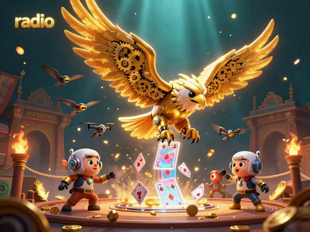 Engaging 3D casino scene with a cybernetic eagle and holographic cards, showcasing radio themed gaming action.