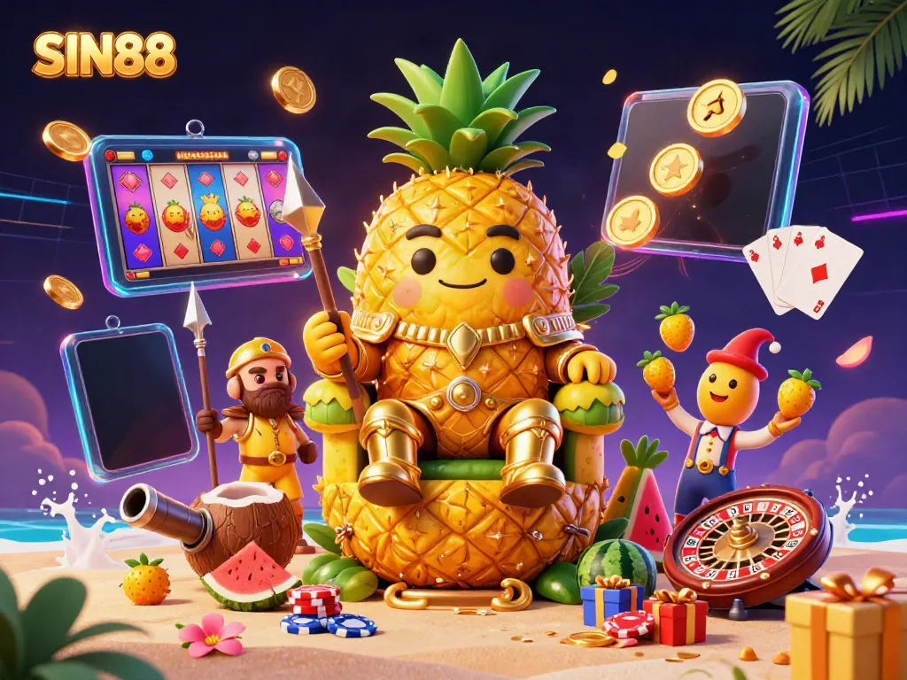 Experience the vibrant SIN88 beach casino with a dazzling golden pineapple king and exciting game elements.