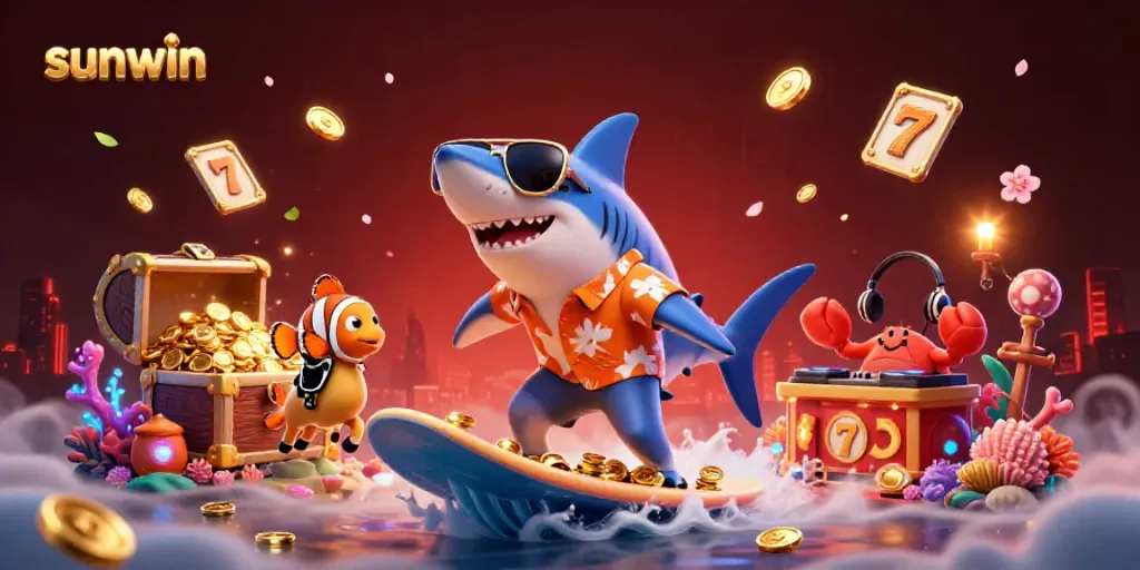 Experience the thrill of sunwin with colorful casino elements, featuring vibrant sea creatures celebrating gambling fun.