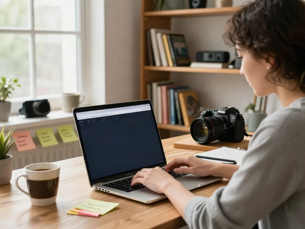 A user searching for the latest website addresses in a cozy home office setting, emphasizing convenience in finding 최신주소.