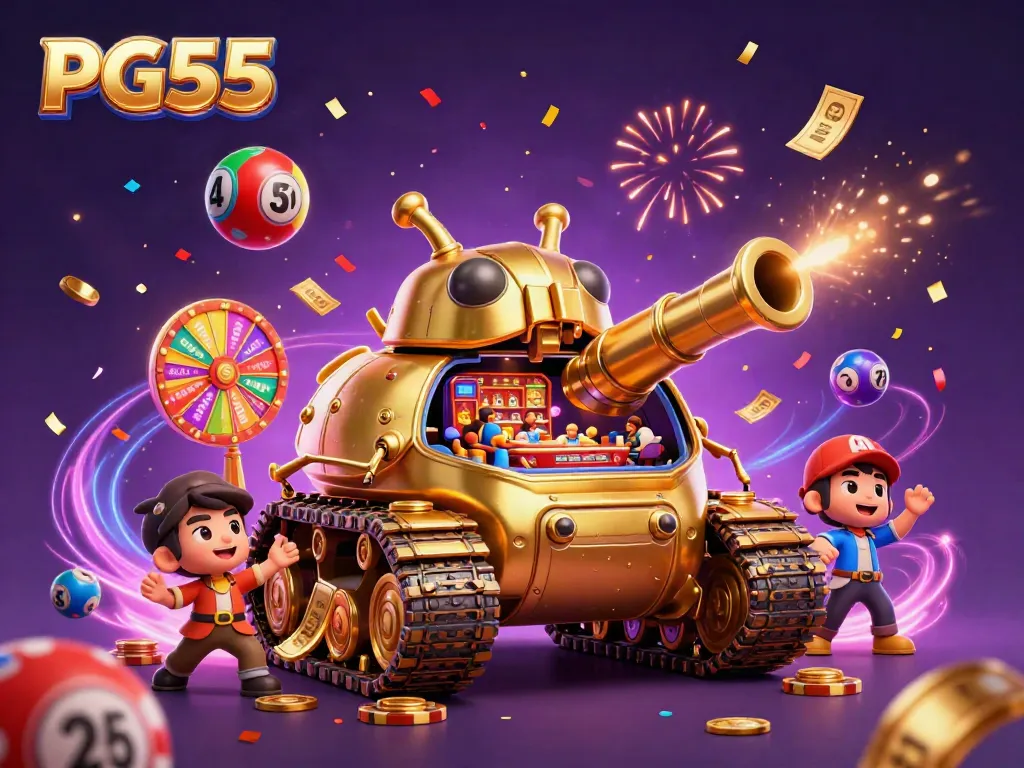 Experience the excitement of PG55 with a vibrant 3D casino scene alive with action and confetti.