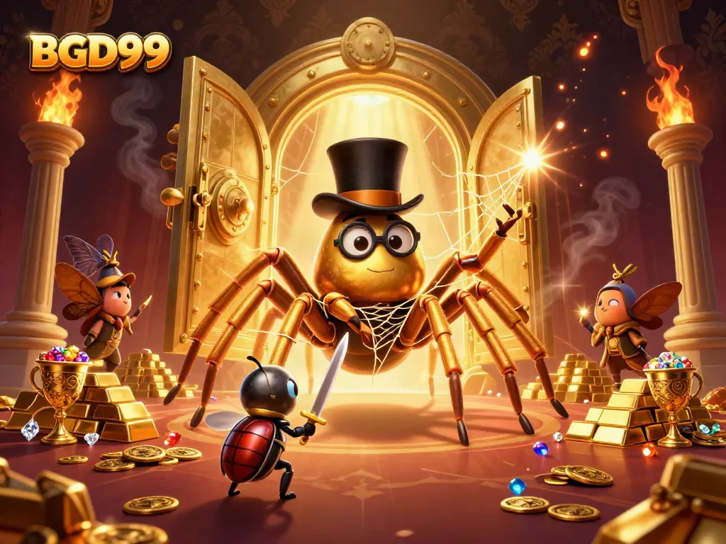 BGD99's golden adventure features a tarantula, beetle knight, and glowing treasures in a dynamic casino setting.