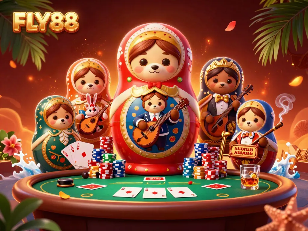 Engage in thrilling action at FLY88 with a vibrant casino-themed illustration featuring playful characters and game elements.