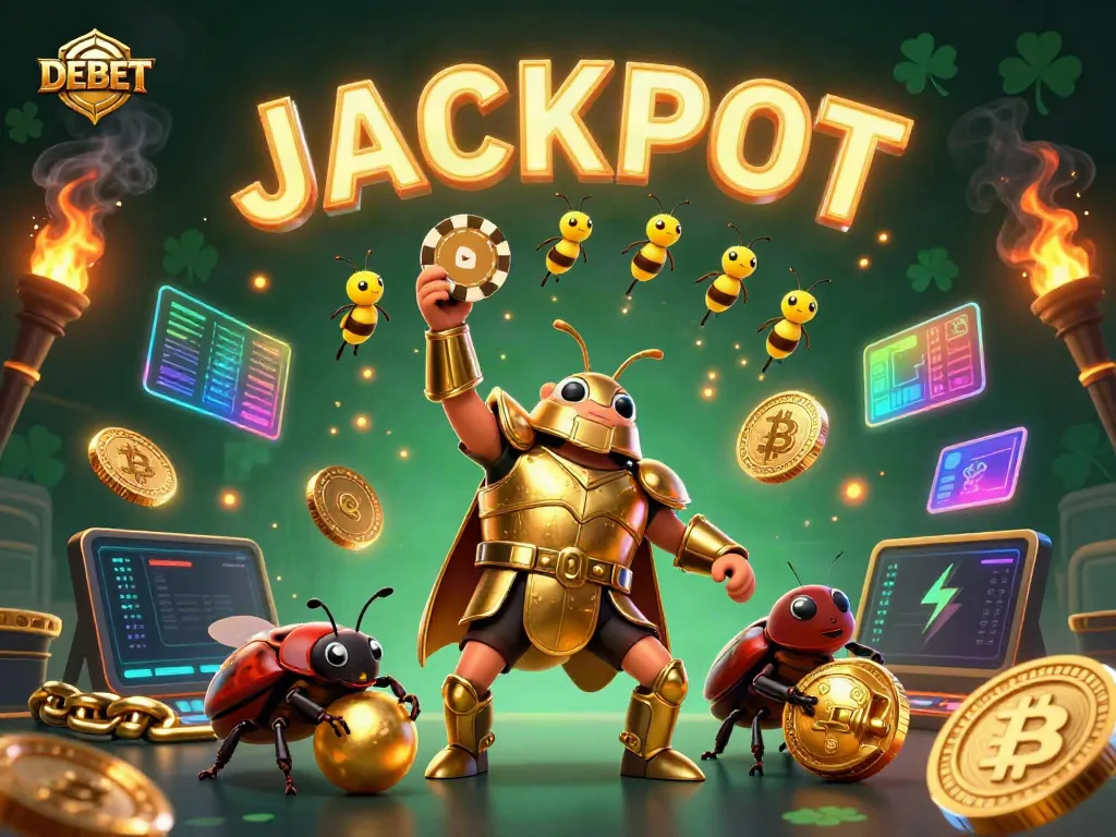 Experience the excitement of DEBET casino with a victorious beetle character lifting a poker chip amidst vibrant crypto elements.