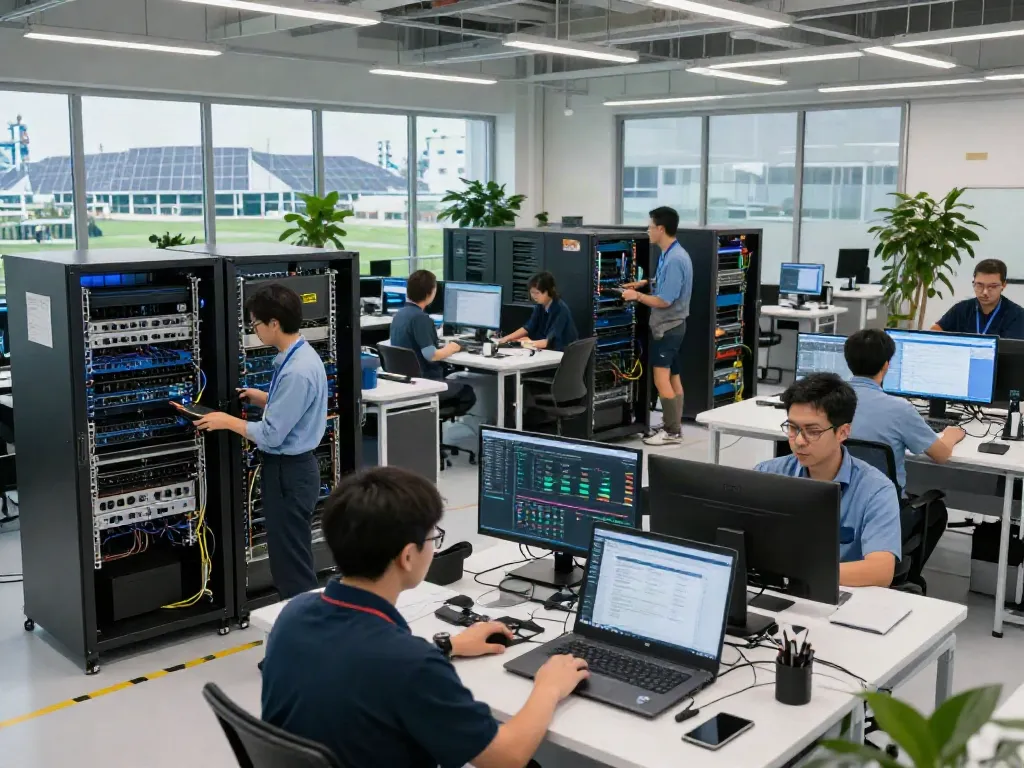 Collaborative team working on AI infrastructure with powerful servers and digital displays.
