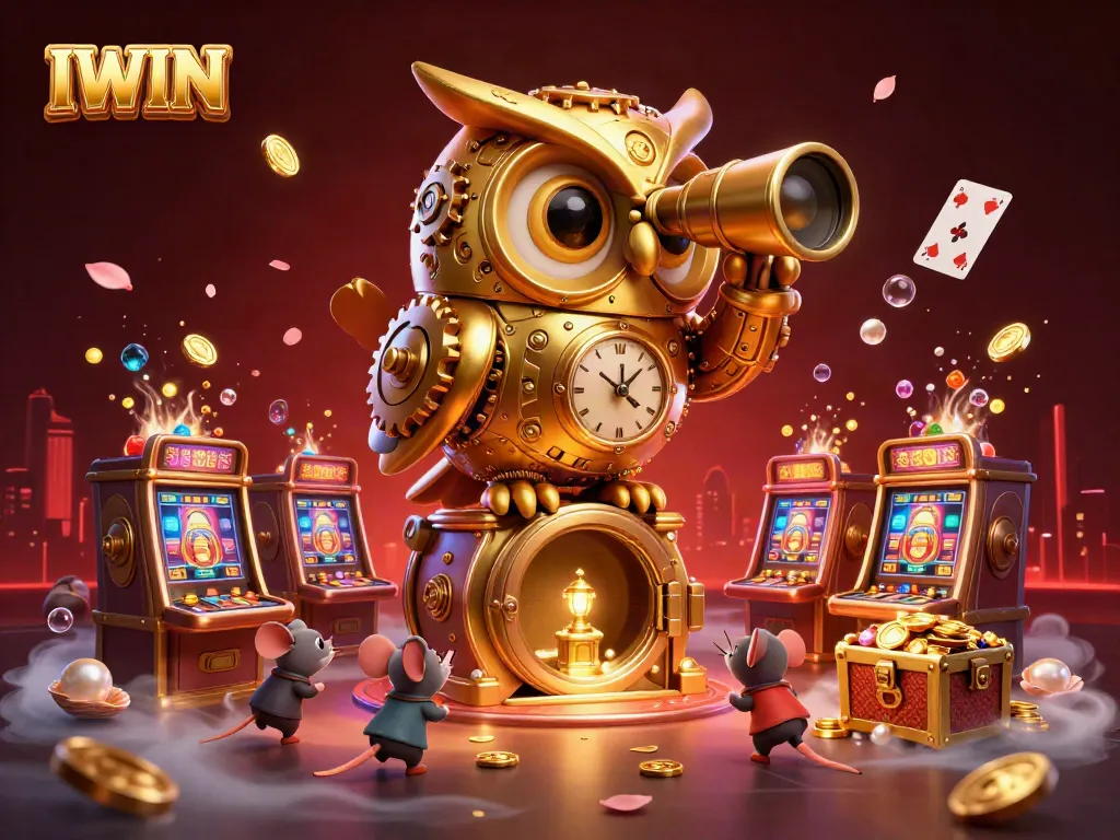 IWIN features a clockwork golden owl surveying a bustling casino filled with colorful game elements.