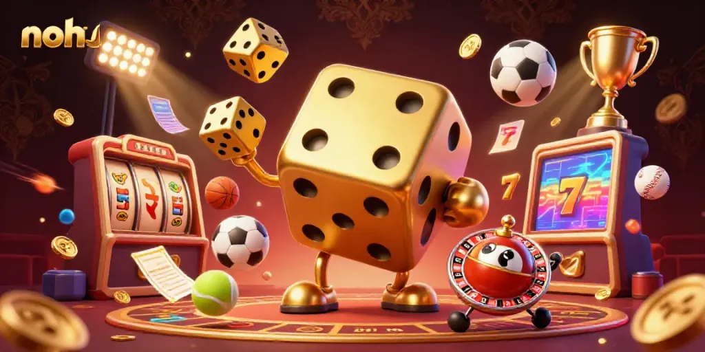 Experience thrilling gameplay with Nohu's vibrant casino scene illustrating games, golden dice, and jackpots.