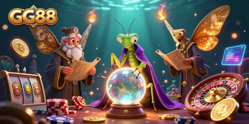 Engage with GG88's vibrant casino scene featuring a praying mantis fortune teller and wise moth librarian amidst rich gaming elements.