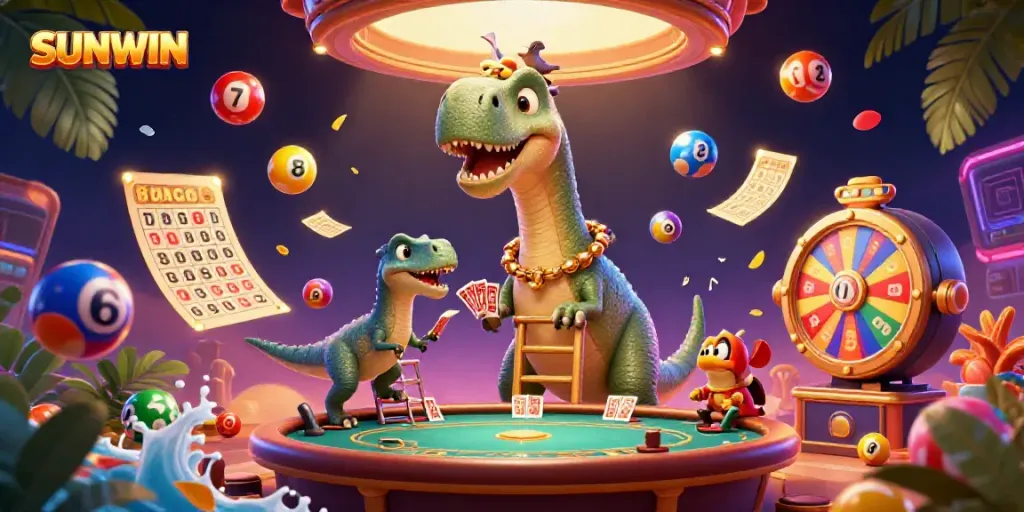 Experience thrilling gaming with SUNWIN, featuring dynamic characters and vibrant casino elements.
