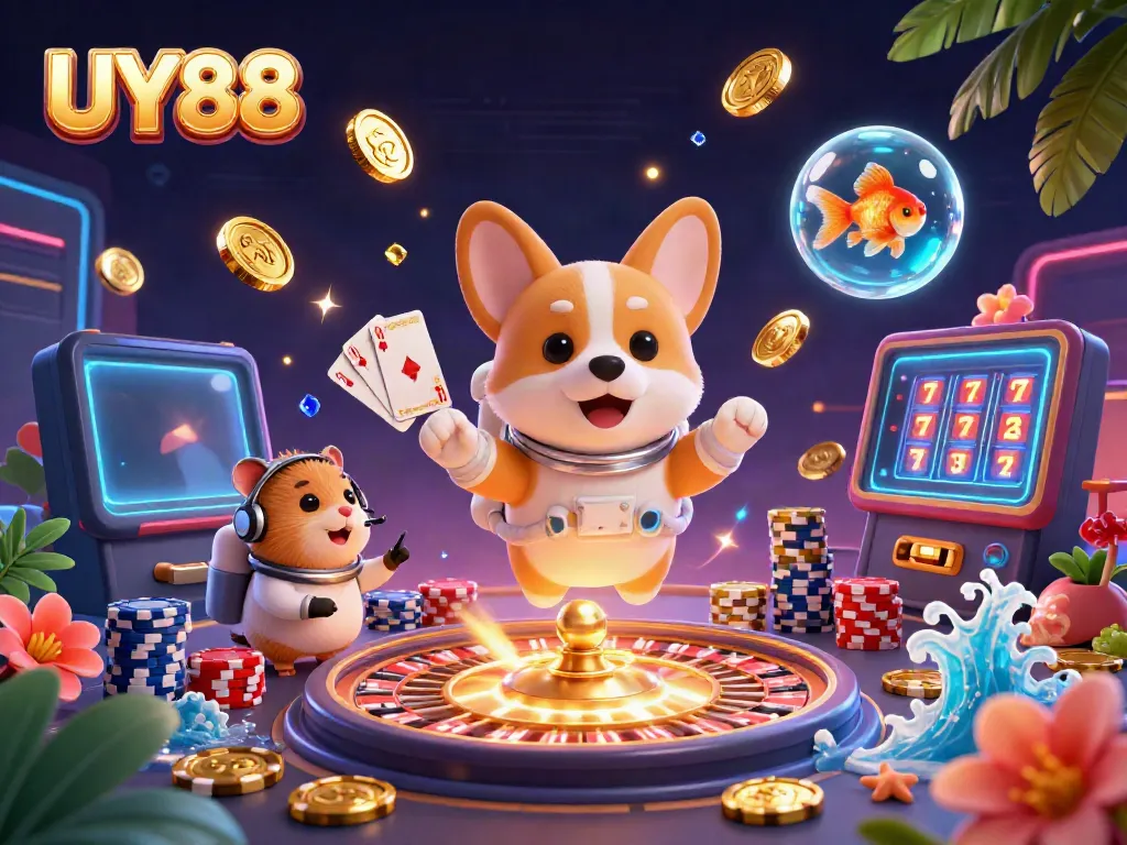 Experience the vibrant world of UY88 with playful characters in an engaging casino scene filled with excitement.