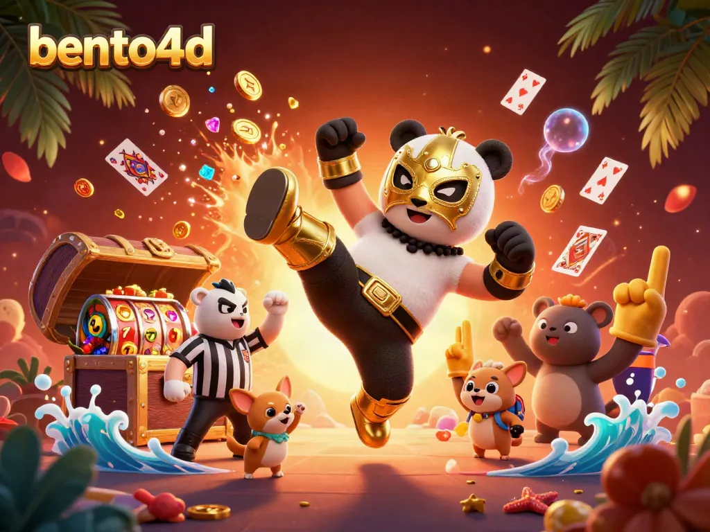 Engaging bento4d casino action featuring a panda wrestler, vibrant game elements, and excited animal crowd.