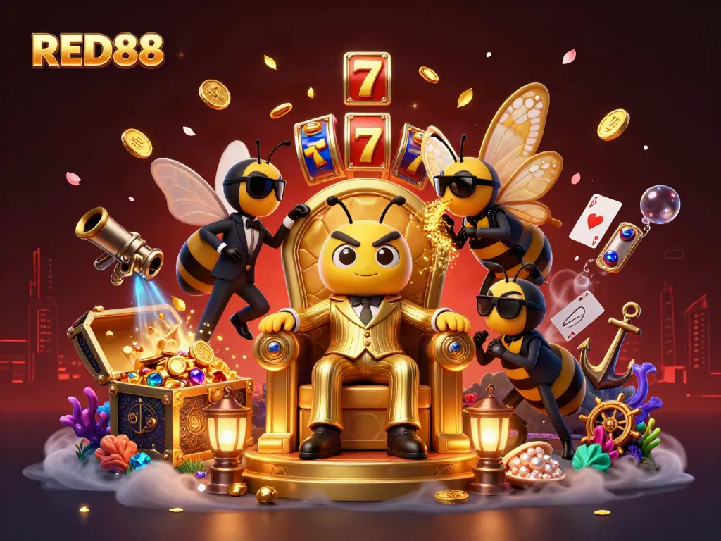 Engage in thrilling gaming with RED88, featuring a mob boss and his entourage in a dynamic casino scene.