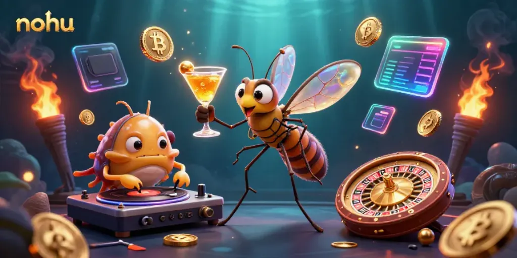 Innovative nohu casino illustration showcasing a lively 3D scene with a cocktail-holding mosquito and a trilobite DJ.