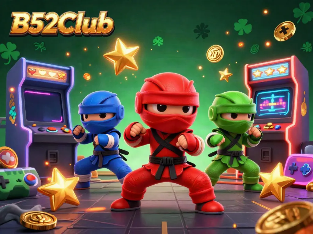 B52Club ninja chameleon team showcasing synchronized martial arts on a casino-themed rooftop.