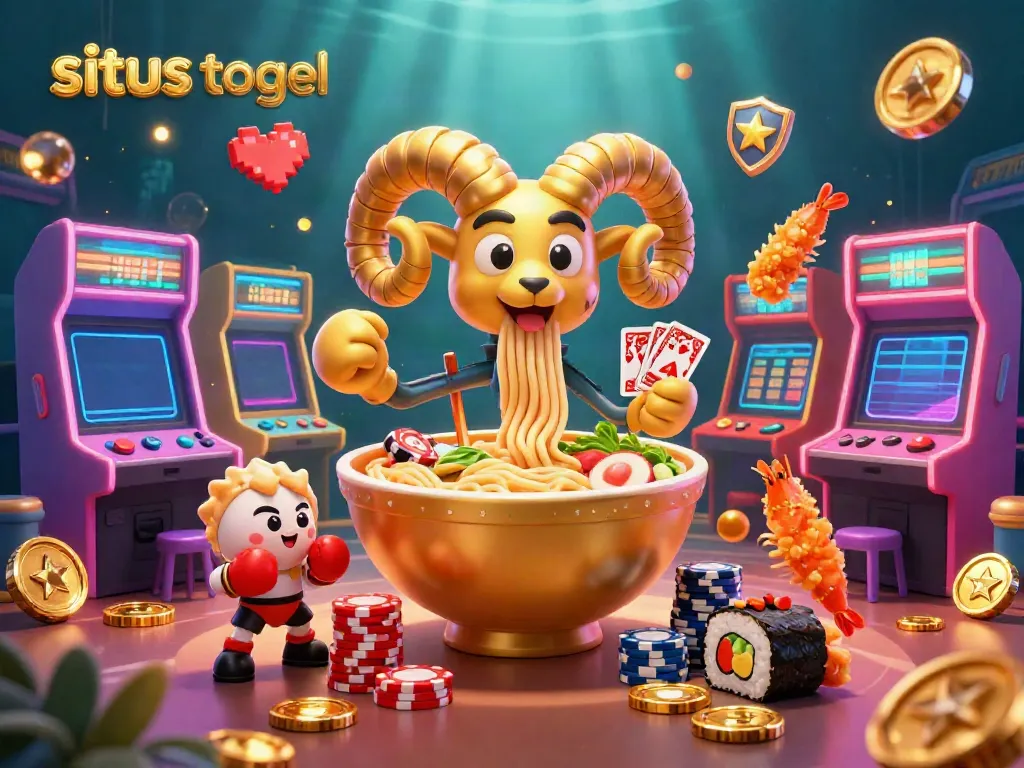 Engage in situs togel with a vibrant scene of cartoon characters including a golden ramen bowl and colorful game elements.
