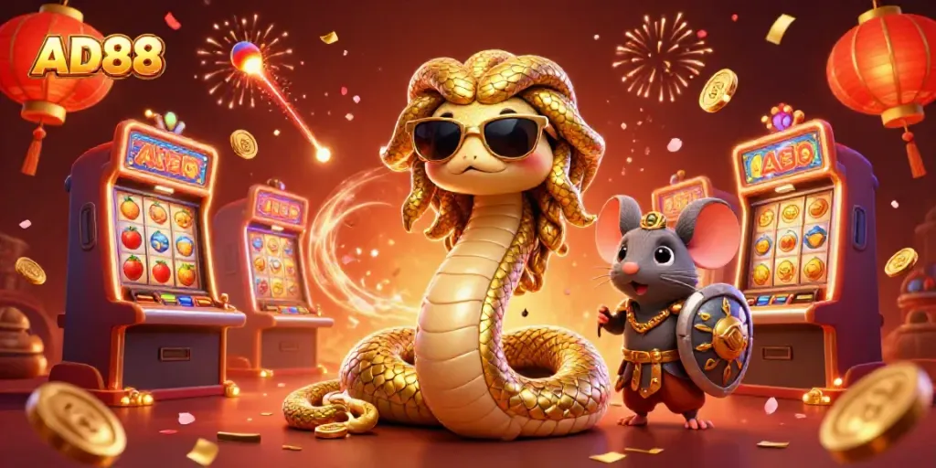 Experience the excitement of AD88 in a vibrant casino scene with dynamic gaming elements and cheerful characters.