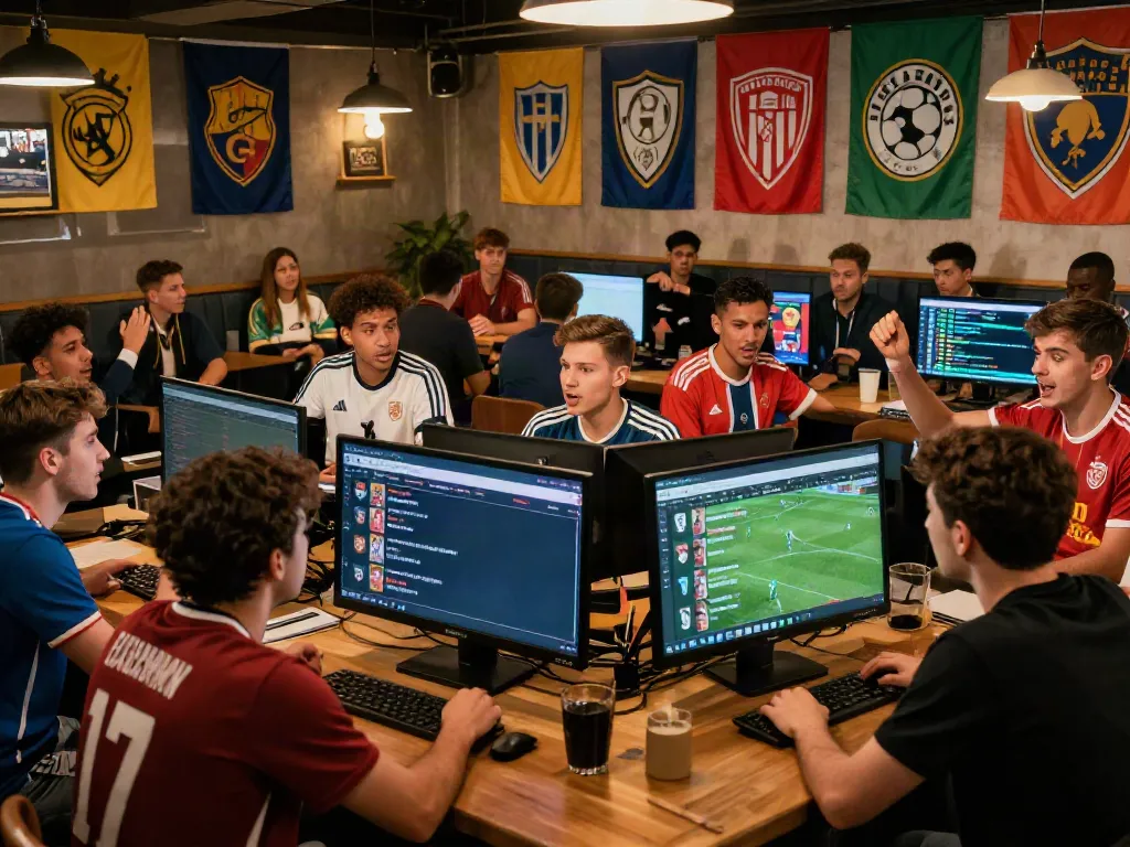 Exciting scene showcasing passionate fans discussing ข่าวซื้อขายนักเตะ during a lively sports bar gathering.