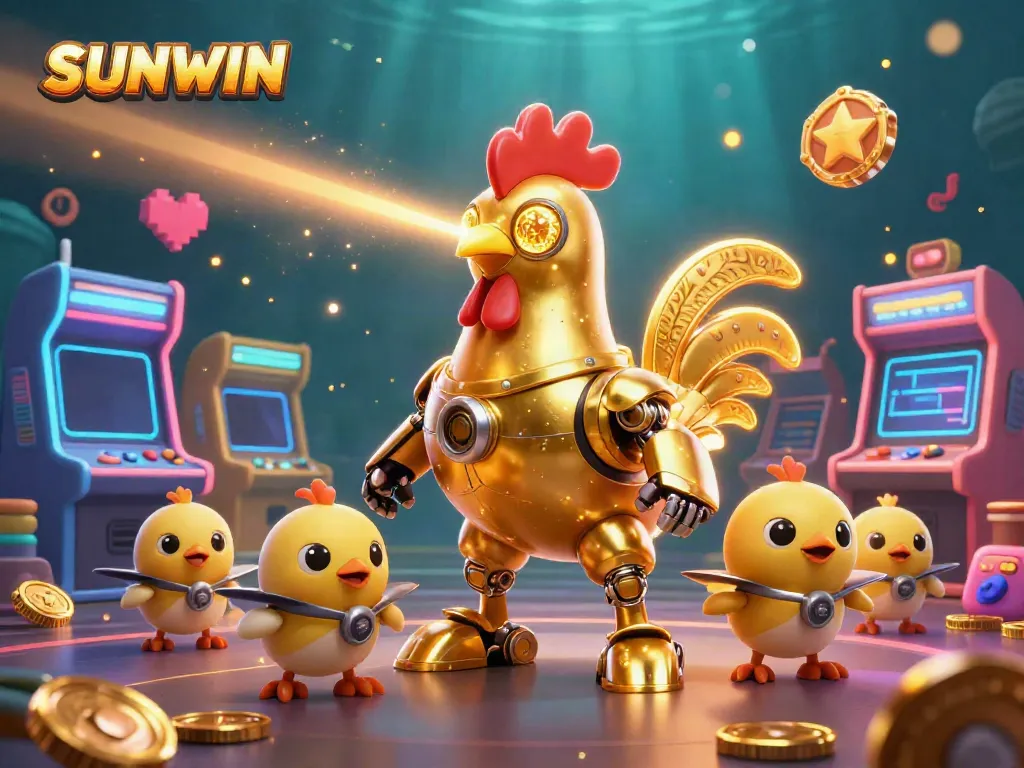 Experience the excitement of SUNWIN gaming with futuristic characters and vibrant arcade elements.